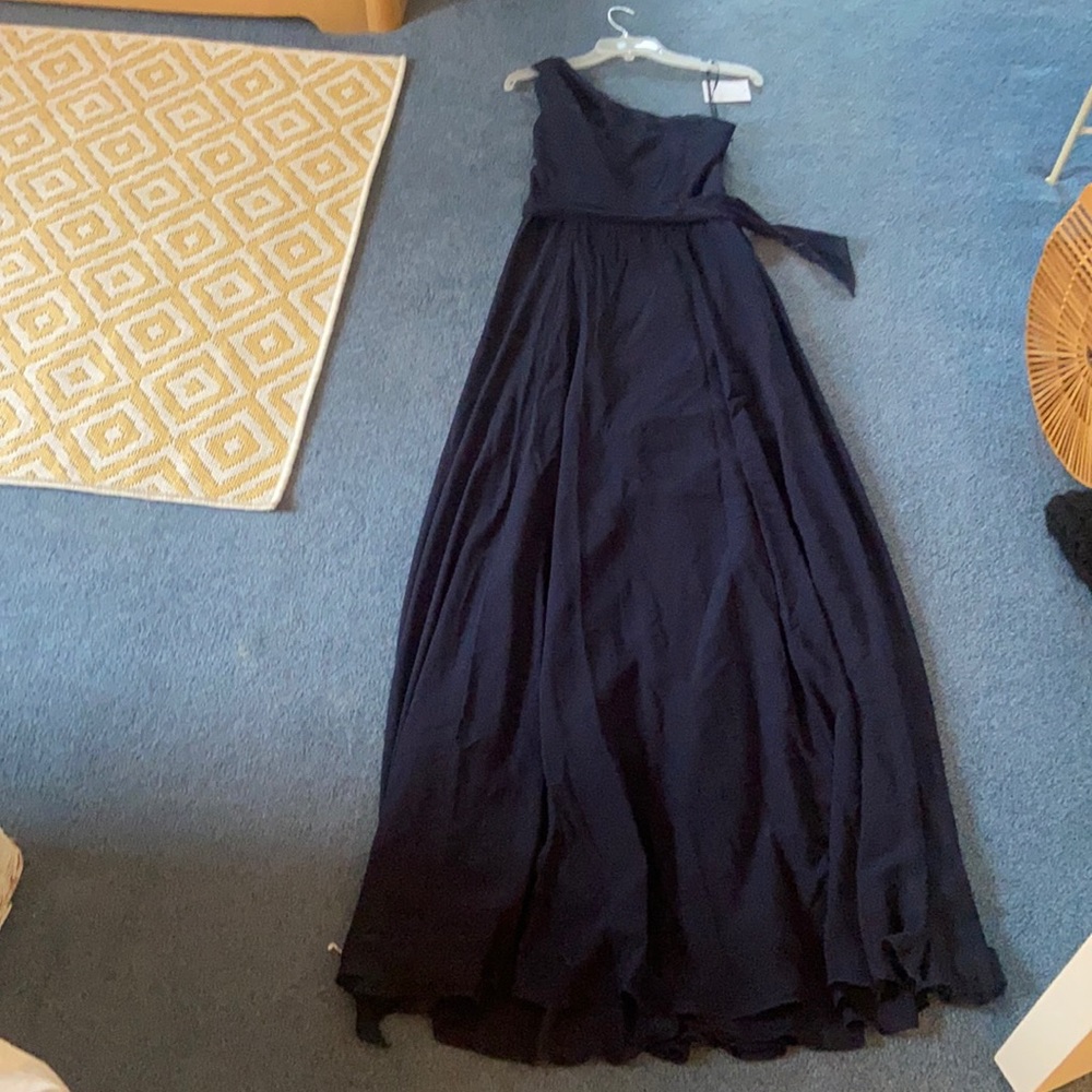NWT Amsale One Shoulder Navy Chiffon Gown